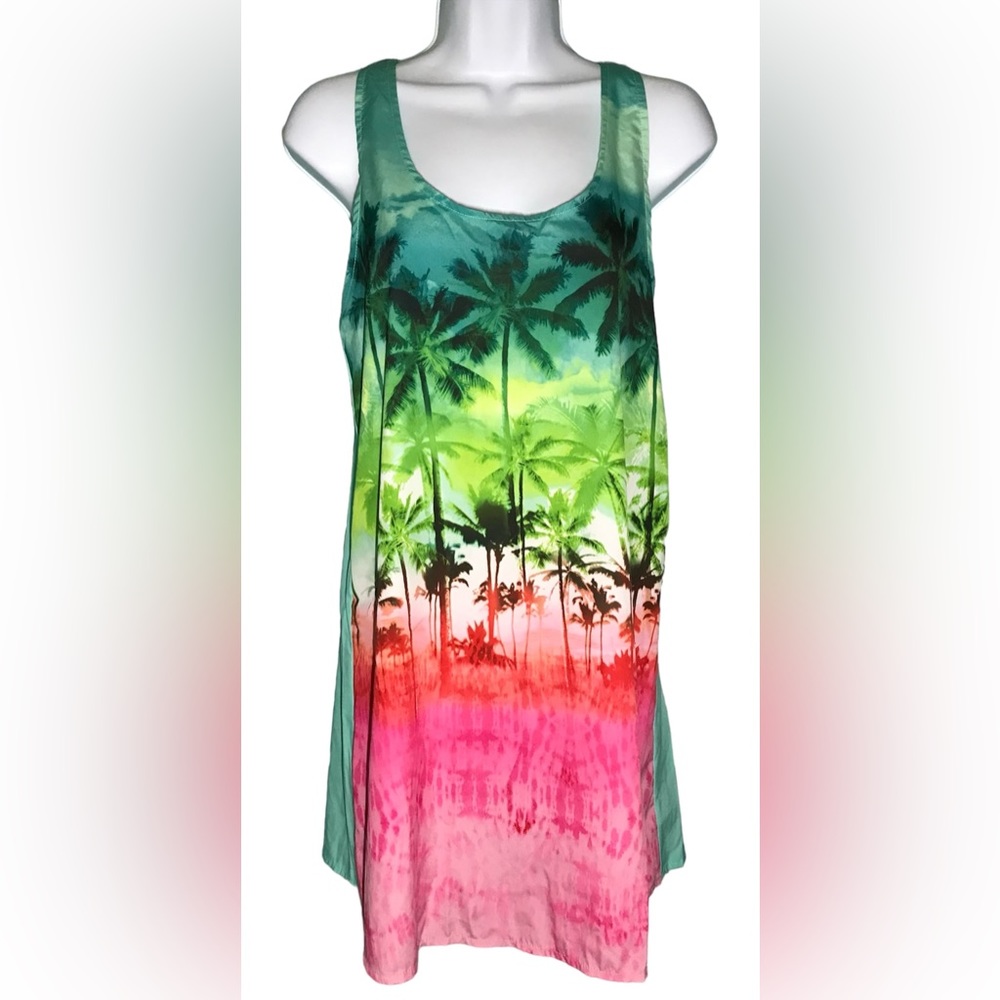 Op Blue Pink Green Palm Print Strappy Back Swim Cover Up Dress Size Small (3-5)